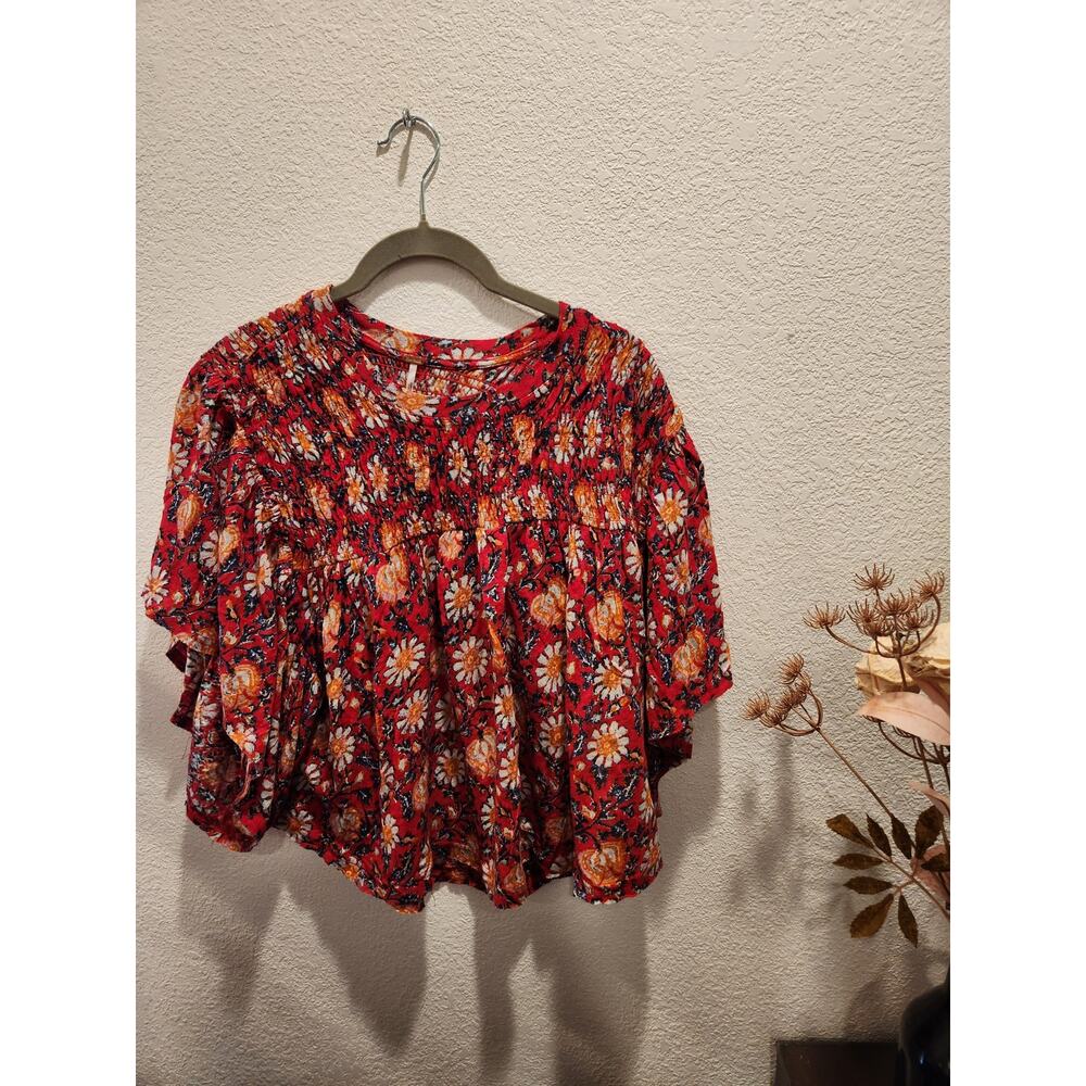 Free People Red Ruffled Linen Crop Top XS NWOT Relaxed Fit‎ Boho Style